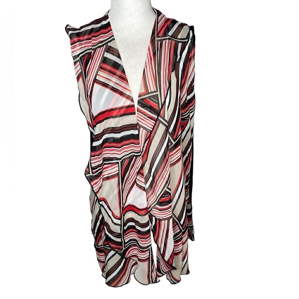 Chicos Long Open Vest Size 1 Womens Small Sheer Black Red Tan Stretch Back MED